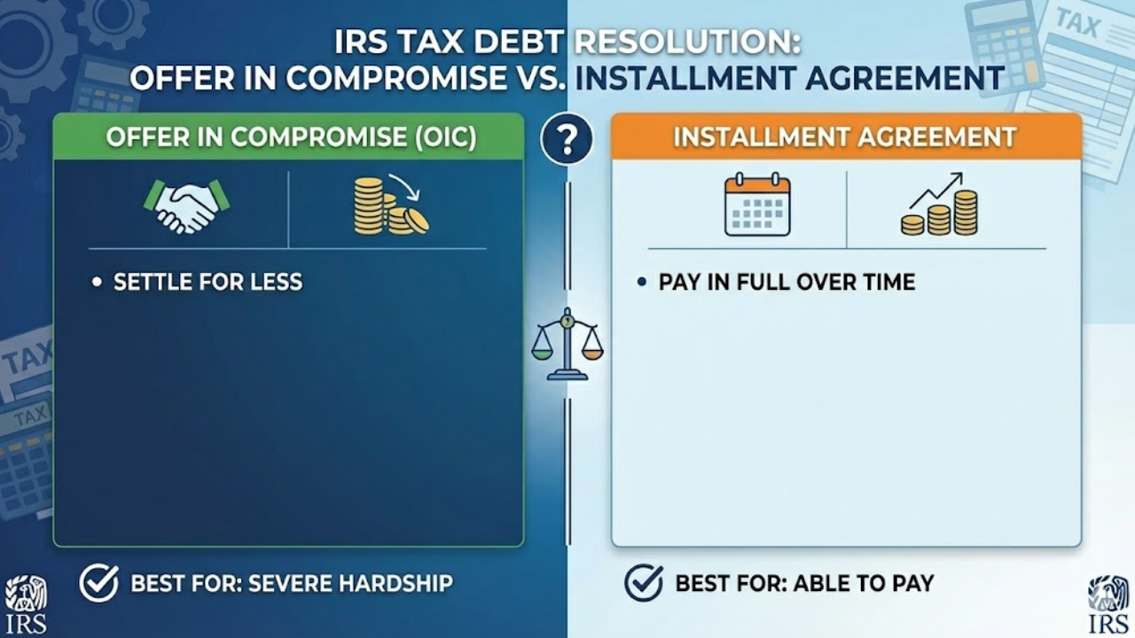Comparison chart showing offer in compromise vs installment agreement programs for IRS tax debt