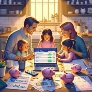 DALL·E 2024 02 05 21.28.09 Visualize a heartwarming scene that encapsulates the essence of long term financial planning for a familys future. Imagine a family gathered around a