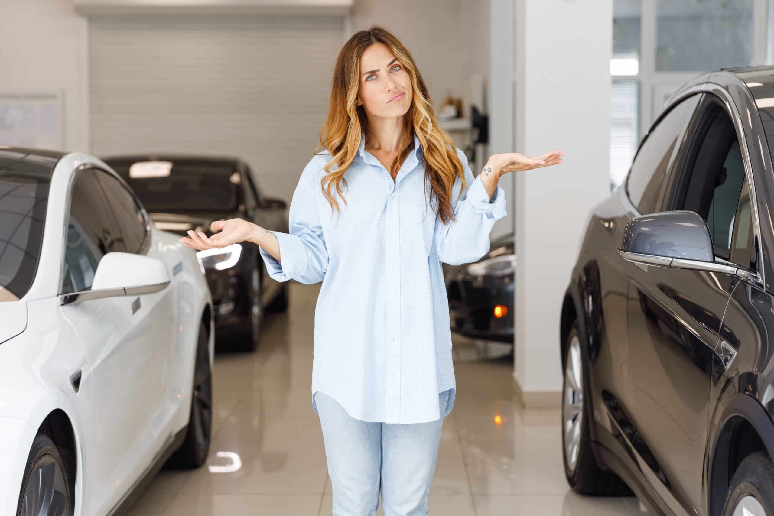 Minded woman customer female buyer client wears blue shirt chooses auto between two cars wants to buy new automobile in car showroom vehicle salon dealership store motor show indoor. Sales concept