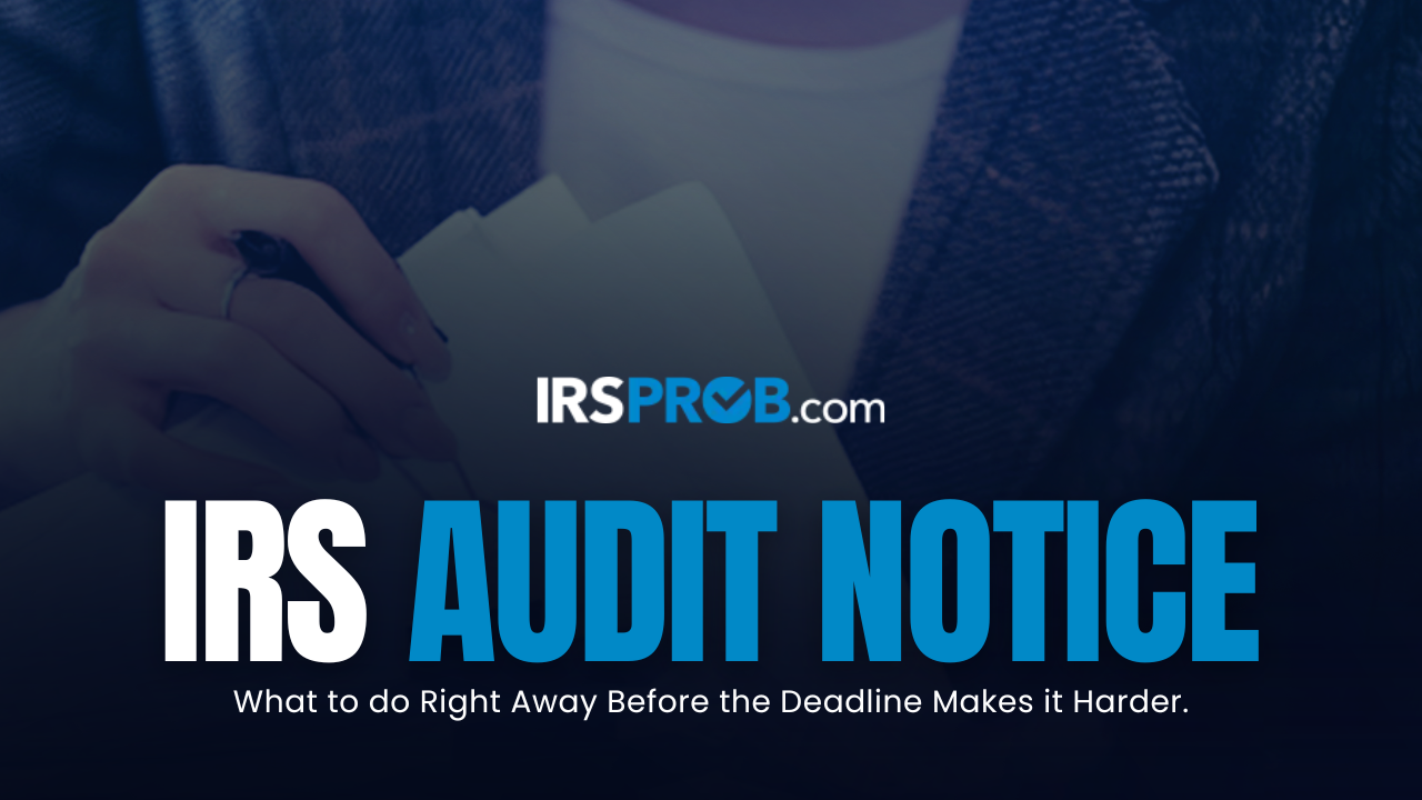 IRS audit notice graphic with a taxpayer holding documents and headline about responding before the deadline