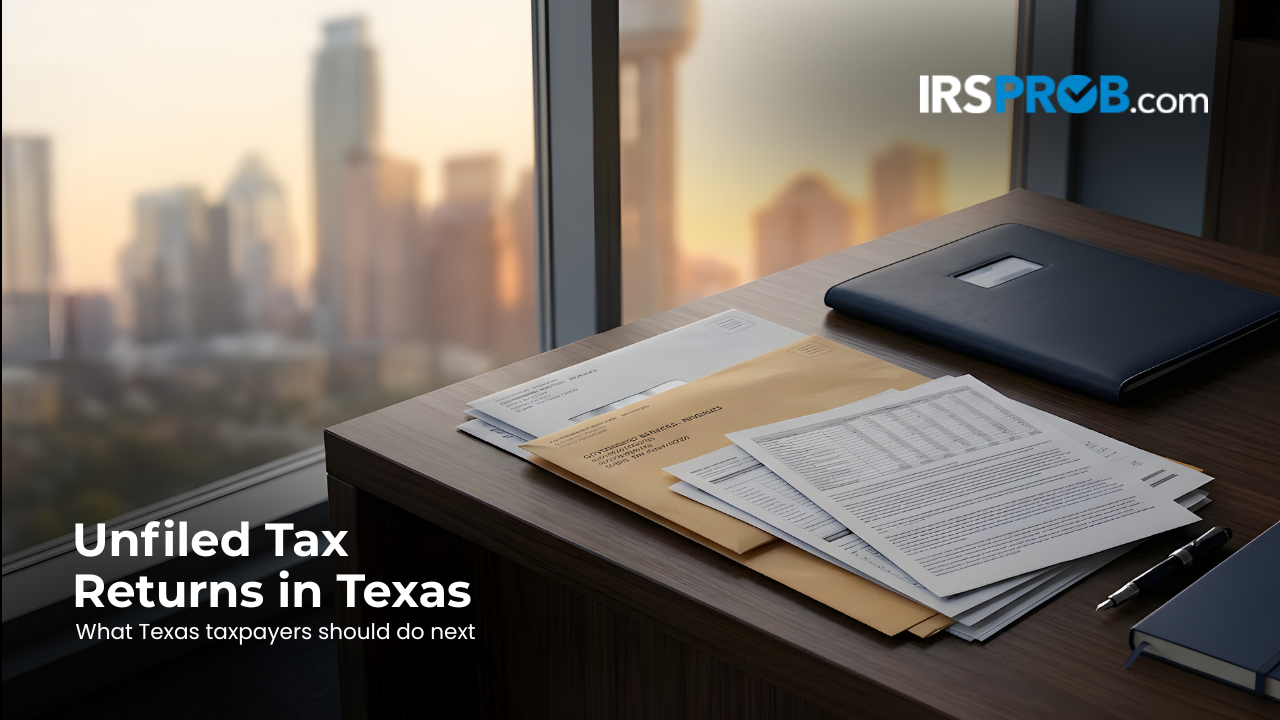 Home - Copy 20 Unfiled tax returns in Texas featured image showing tax paperwork on a desk with a Texas skyline and the headline Unfiled Tax Returns in Texas