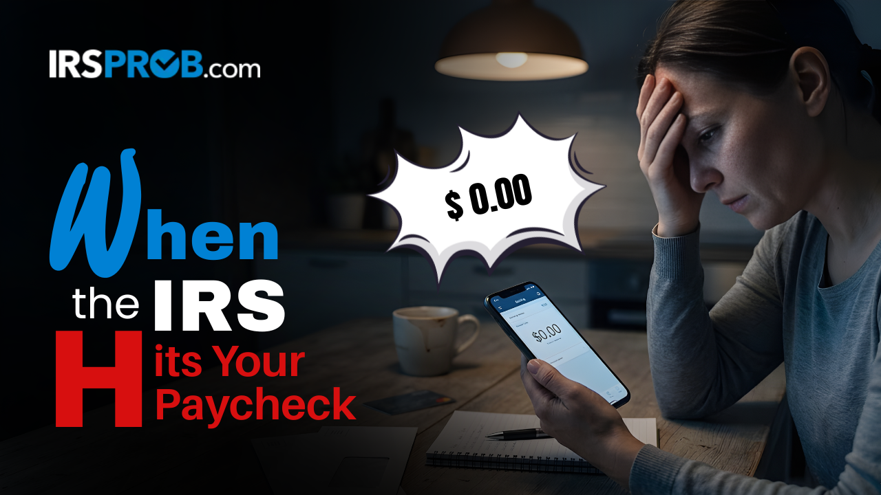 Stressed person checking a zero bank account balance on a phone while dealing with IRS wage garnishment in Texas