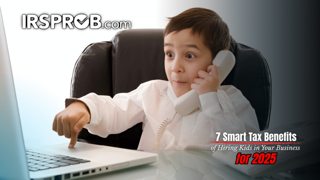 Young boy on phone pointing at laptop – IRSProb.com blog on 7 Smart Tax Benefits of Hiring Kids in Your Business for 2025.