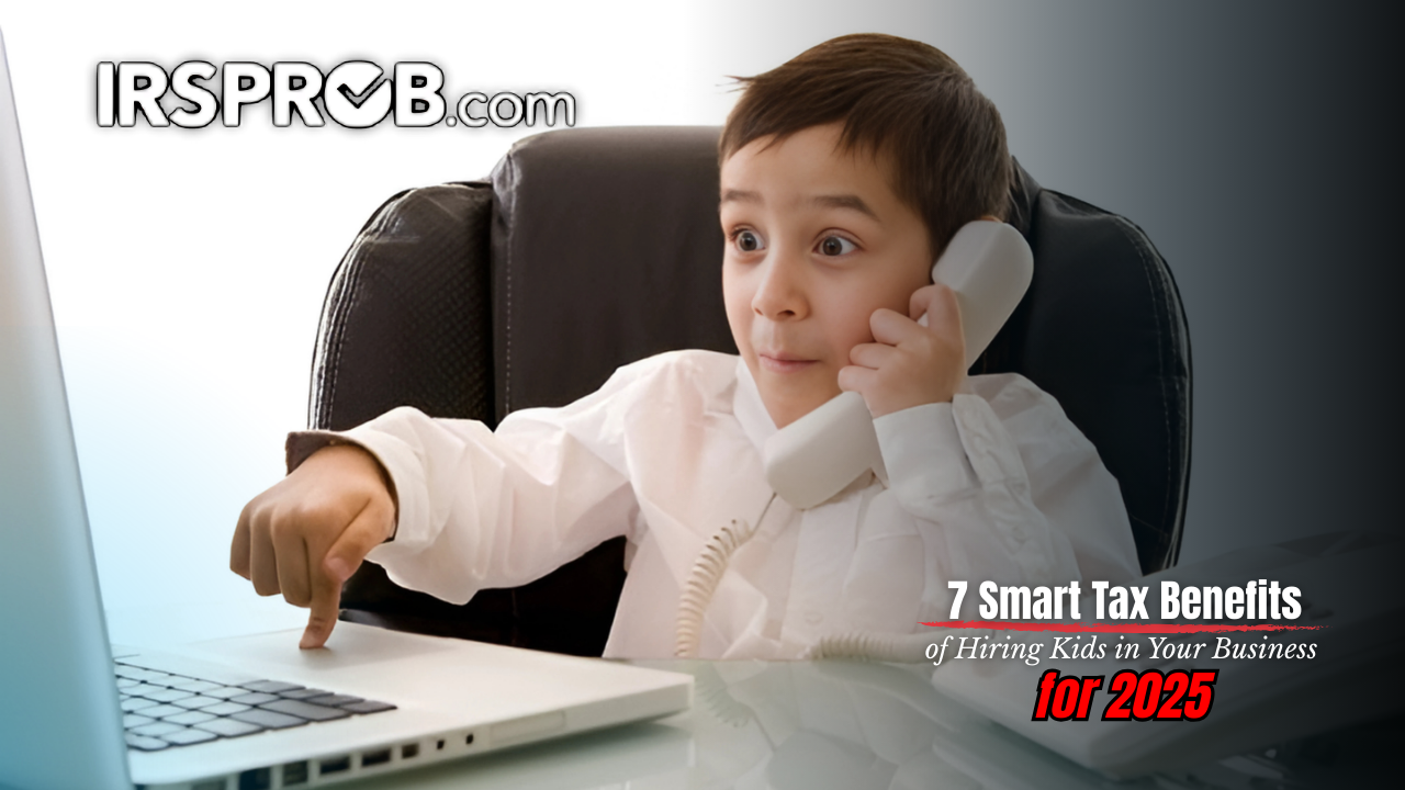 Young boy on phone pointing at laptop – IRSProb.com blog on 7 Smart Tax Benefits of Hiring Kids in Your Business for 2025.