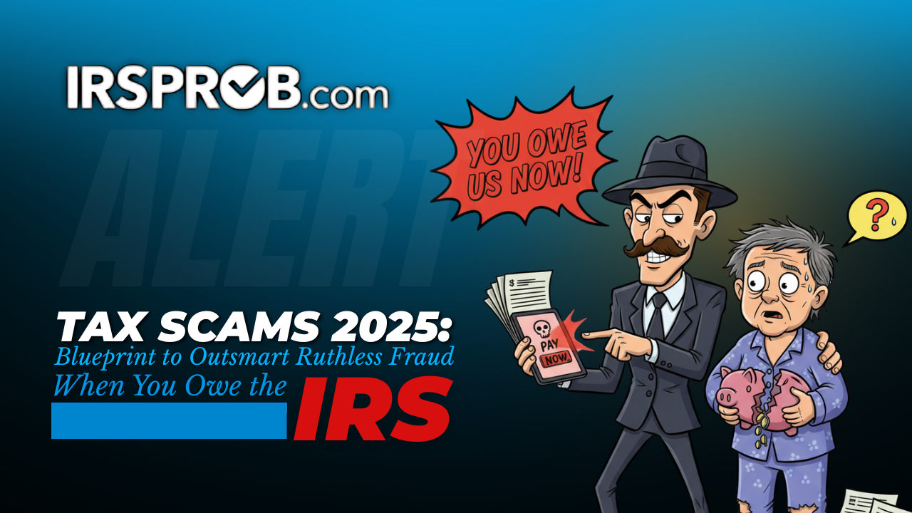 Illustration of IRS tax scams 2025 with fraud warning and taxpayers targeted by phone and email scams