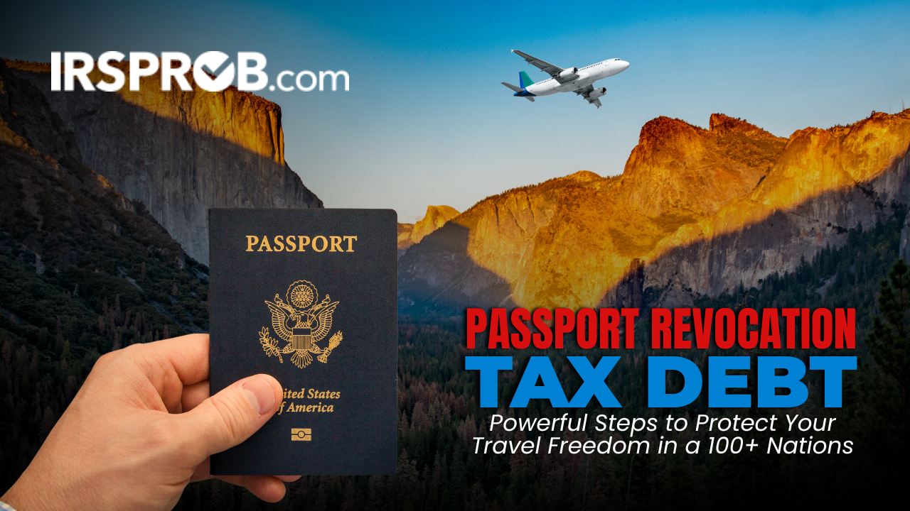 Passport with a backdrop of a scenic mountain view, highlighting the topic of passport revocation due to tax debt and the importance of protecting travel freedom.