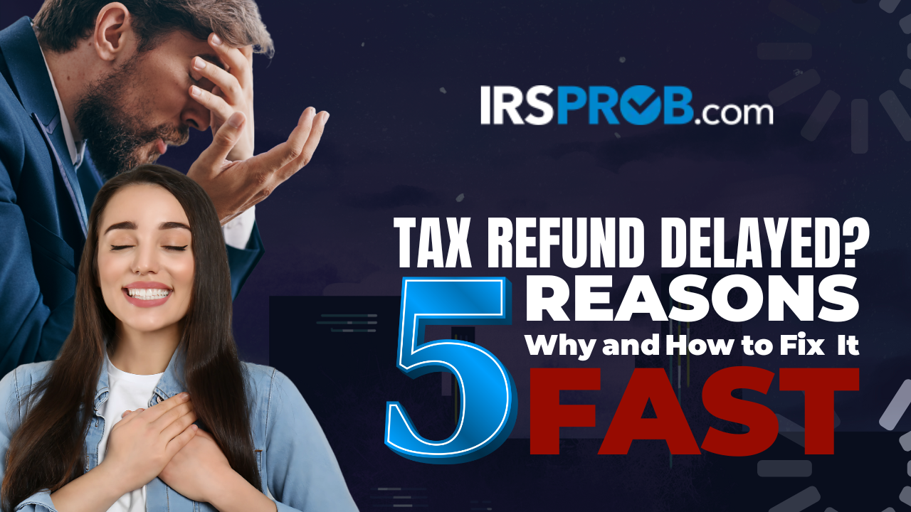 Think about tax refund delayed and then a person checking tax refund status online using IRS Where's My Refund tool while reviewing tax documents and IRS correspondence