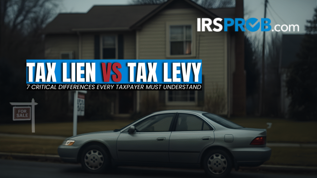 Tax Lien vs Tax Levy banner with house, car, foreclosure sign, and IRSProb.com logo.
