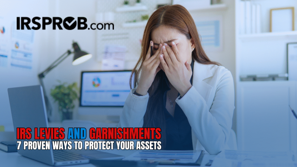 IRS Levies and Garnishments: 7 Proven Ways to Protect Your Assets 1 A stressed woman in a business office covers her face with her hands, symbolizing the financial burden of IRS levies and garnishments.