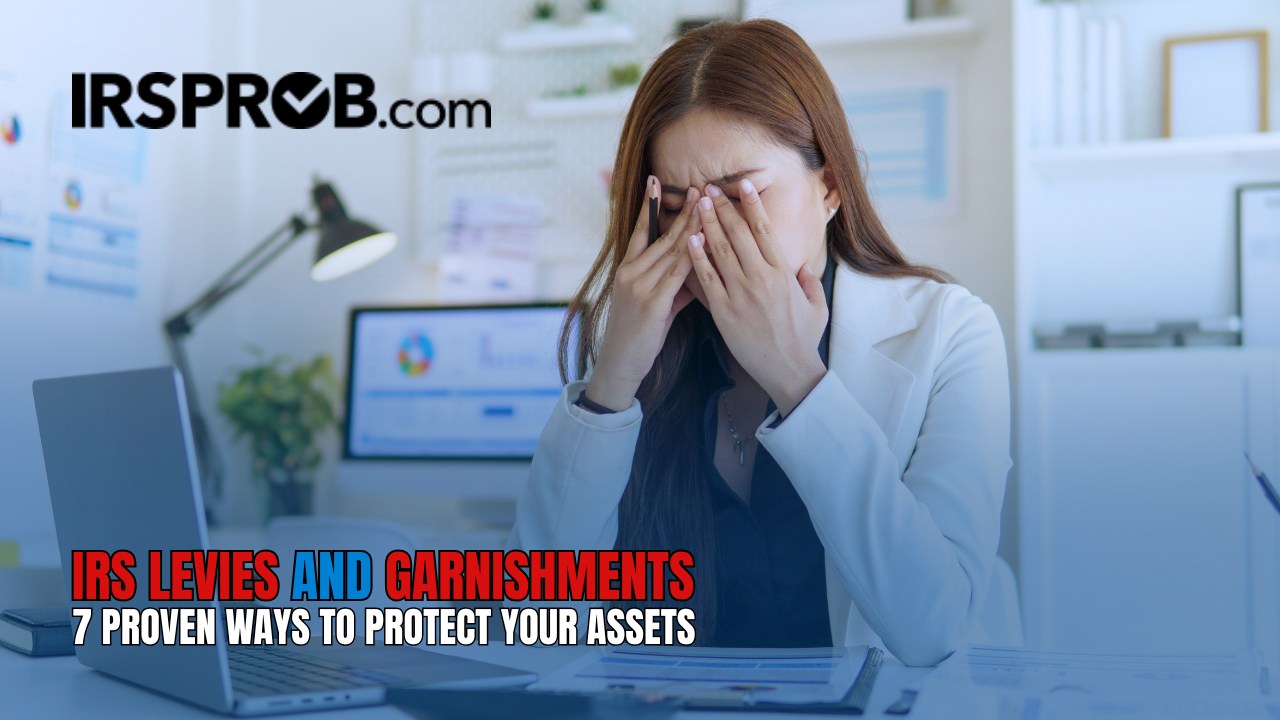 Home - Copy 20 A stressed woman in a business office covers her face with her hands, symbolizing the financial burden of IRS levies and garnishments.