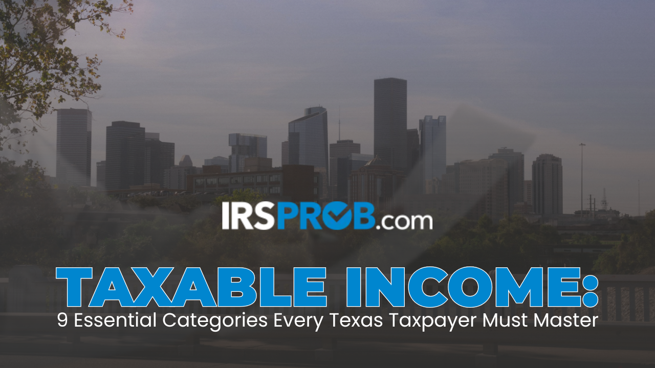 Texas skyline banner with financial icons including dollar sign, oil pumpjack, briefcase, and Bitcoin symbol. Text reads “Taxable Income: 9 Essential Categories Every Texas Taxpayer Must Master (2025 Guide).