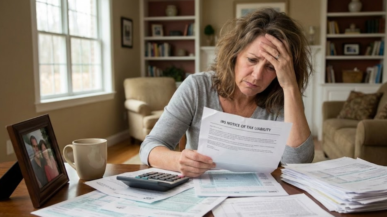 Divorced person reviewing IRS notice about ex spouse tax liability with financial documents