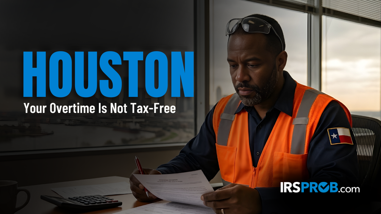A Houston worker reviewing IRS forms to understand the new no tax on overtime houston rule.
