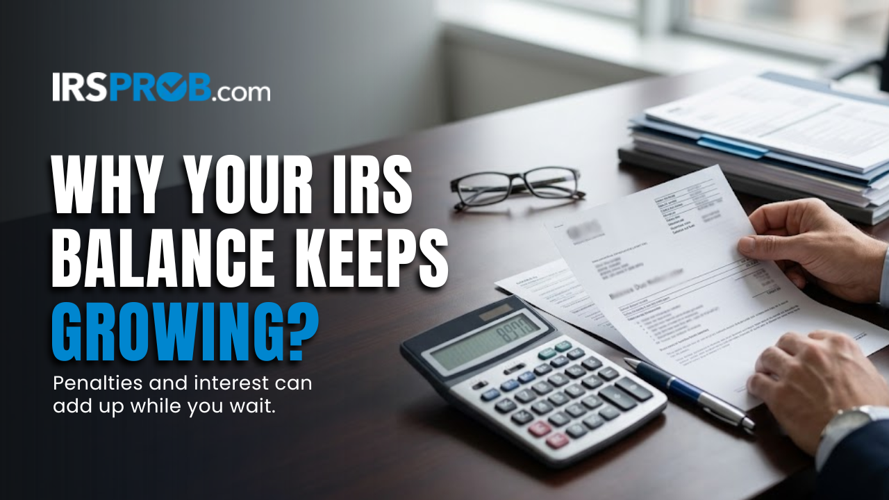 IRSProb featured image showing a tax notice, calculator, and headline about why an IRS balance keeps growing due to penalties and interest.