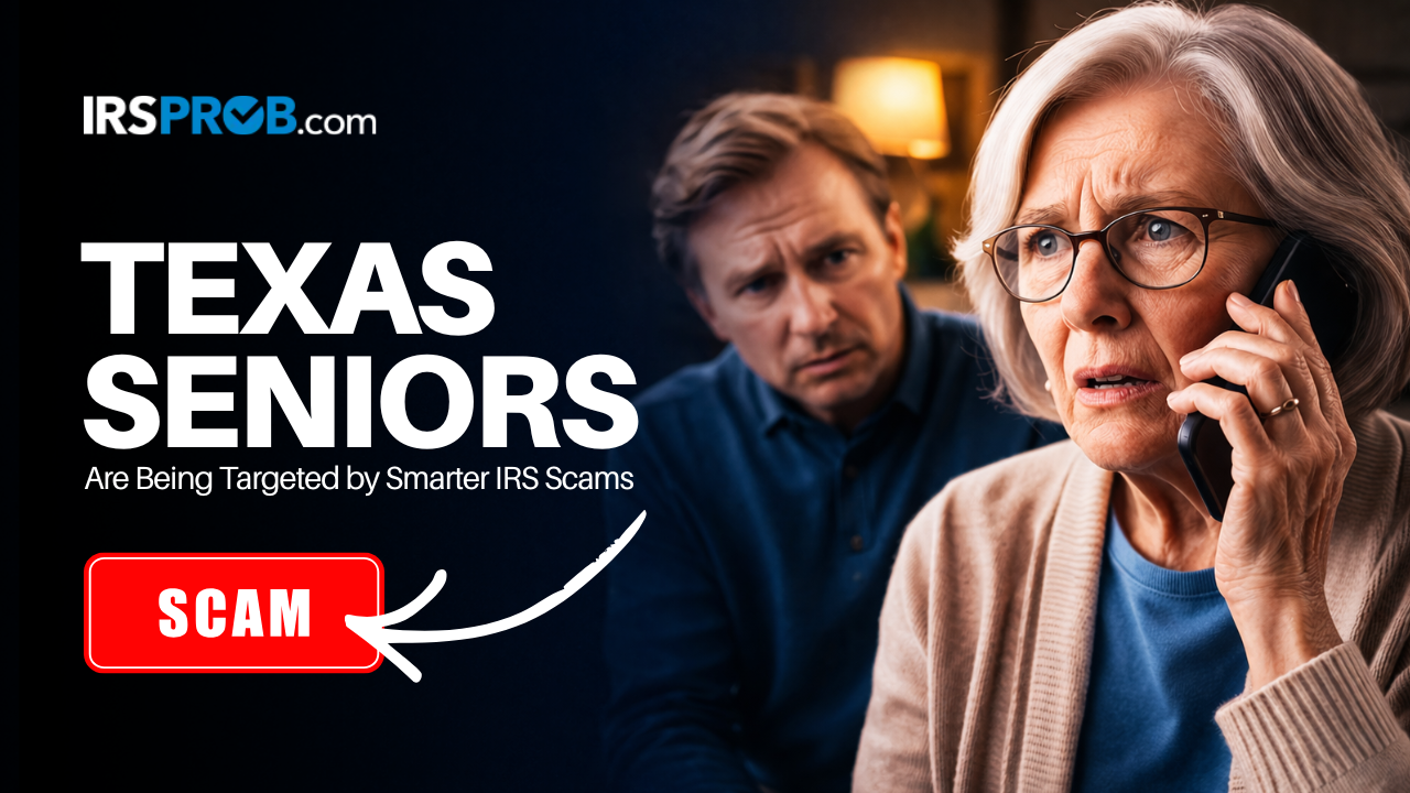How to know if IRS call is real graphic showing a worried Texas senior woman on the phone while a man looks on in concern.