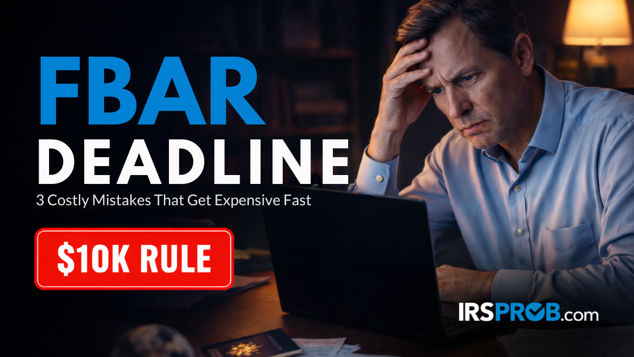 FBAR deadline featured image showing a worried man reviewing foreign account documents with the text FBAR Deadline and $10K Rule